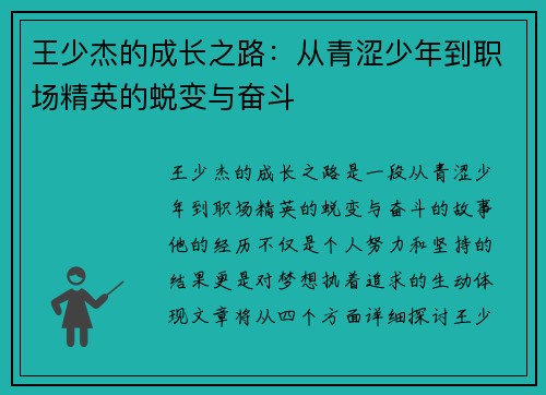 王少杰的成长之路：从青涩少年到职场精英的蜕变与奋斗